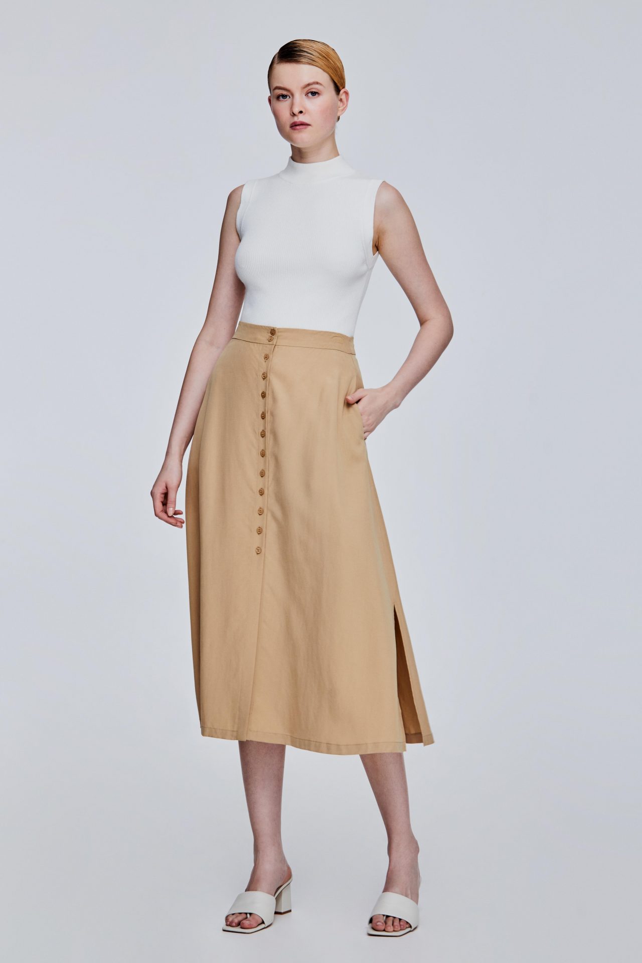 Midi Flare Slip Skirt - Preview - Beige